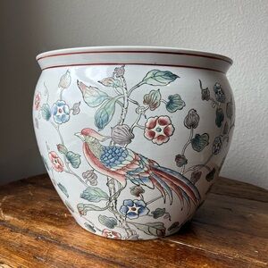 Vintage Asian Koi Fish and Bird with floral Design Planter Cache pot